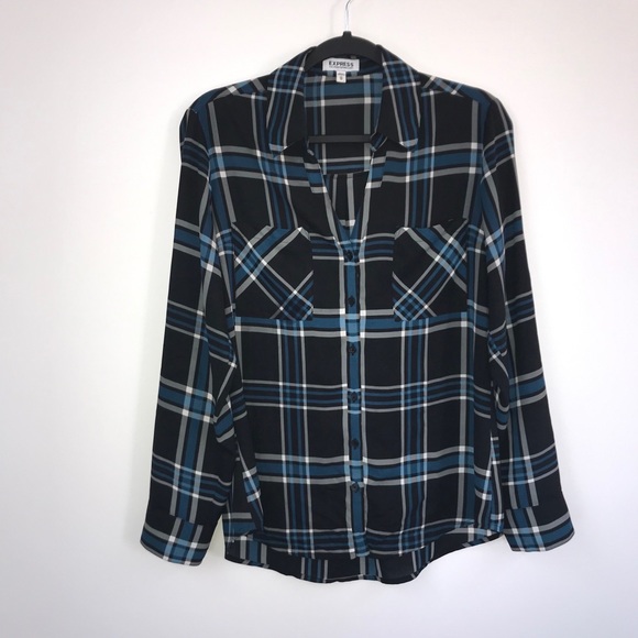 Express Tops - Express The Portofino Shirt Blue Black Plaid